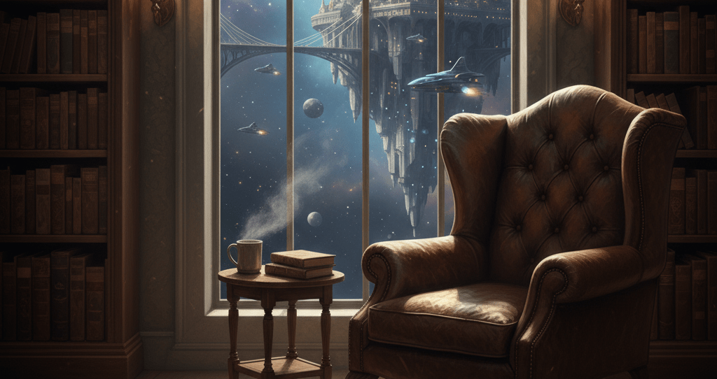 A wingback chair sitting by the window in the library of the free port of the Soldarverse.